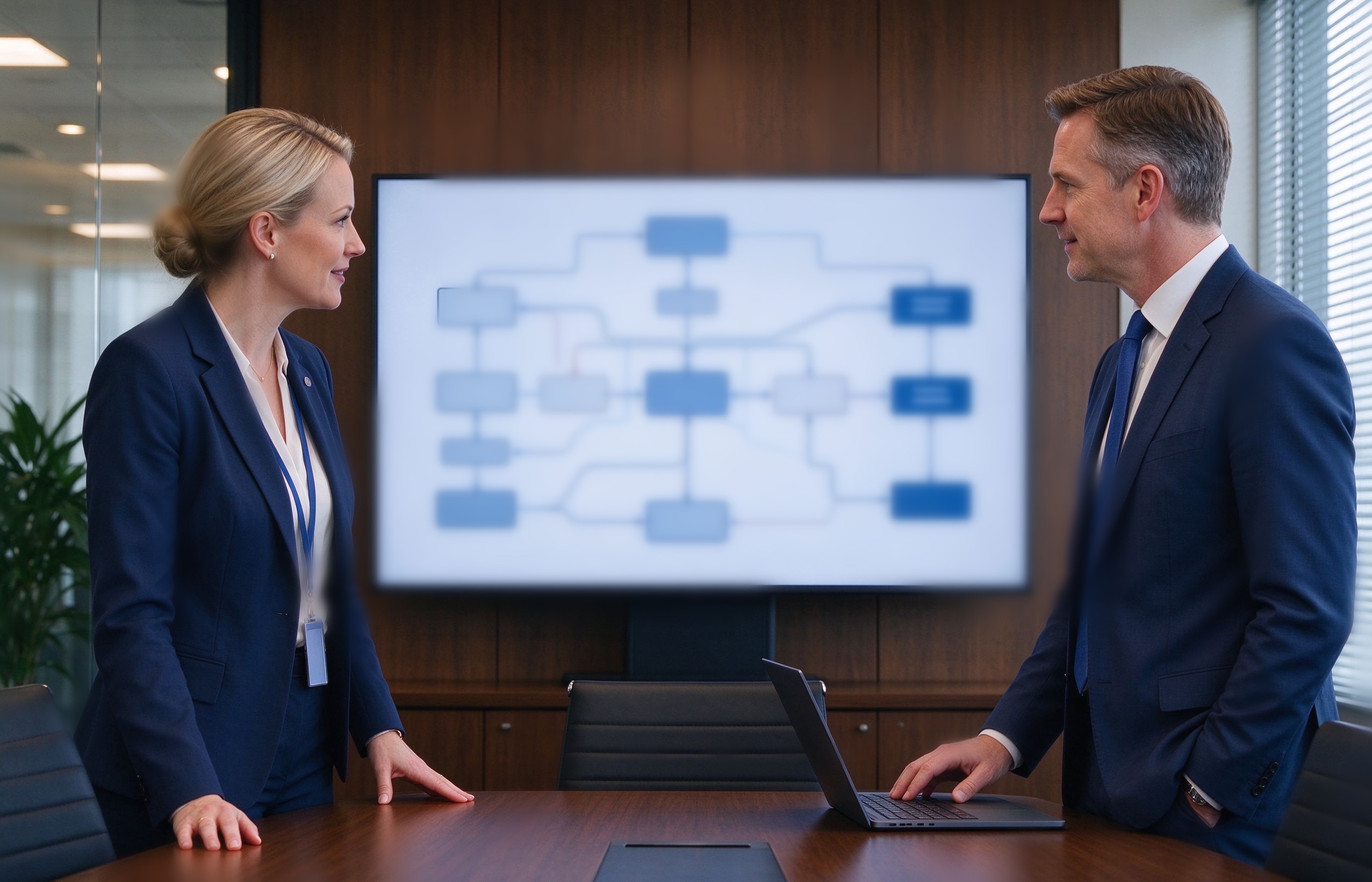 Featured banking engagement — boardroom scene with senior executives reviewing strategy